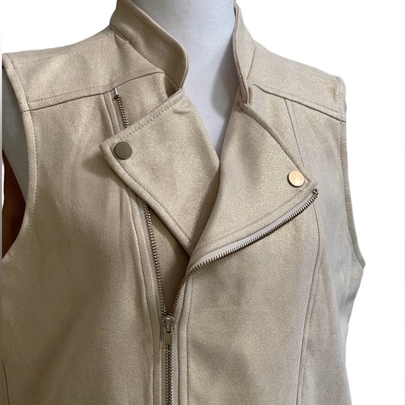 Solitaire Gold Shimmer Moto Vest Women’s Sz M Pockets Metallic Spandex Stretch - Picture 3 of 14